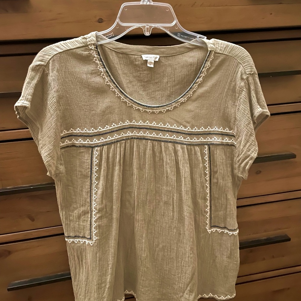 Super cute gauzy embroidered Garnet Hill top.  Khaki, blue and white palette.